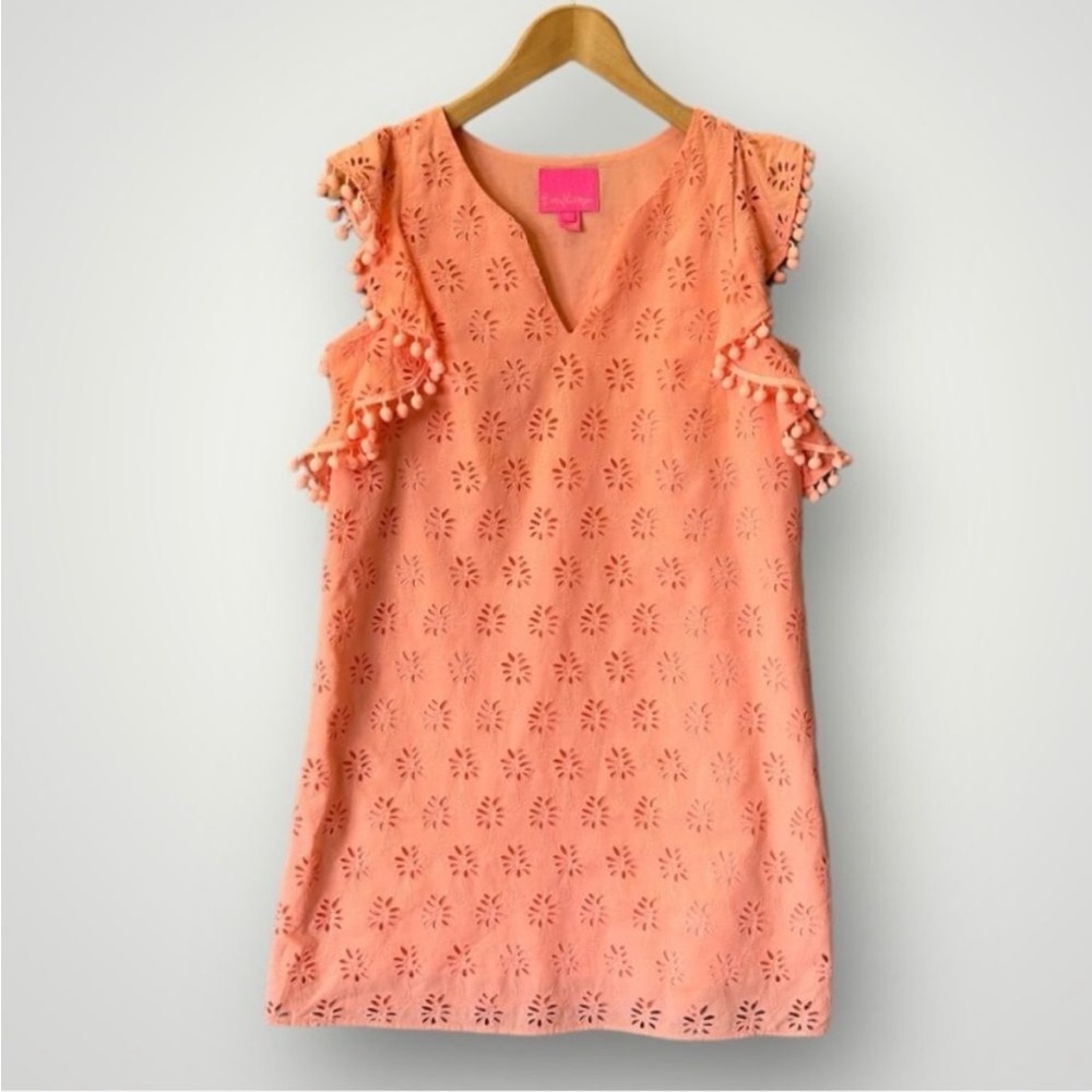 Lilly Pulitzer Women's Peach Eyelet Ruffle sleeve dress- size S